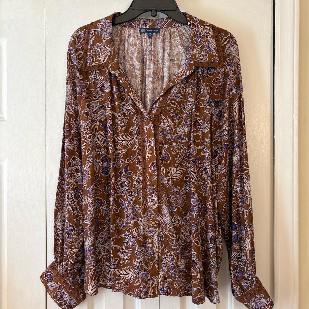 Democracy Brown and Purple Floral Blouse, 2X
